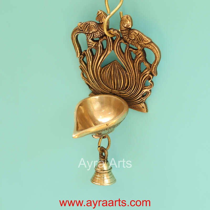 Brass Double Parrot Wall Hanging Bell Diya - 7 Inch Height