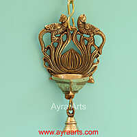 Brass Double Parrot Wall Hanging Bell Diya - 7 Inch Height