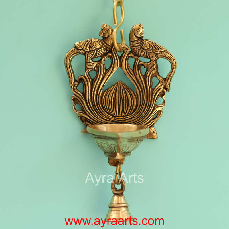 Brass Double Parrot Wall Hanging Bell Diya - 7 Inch Height