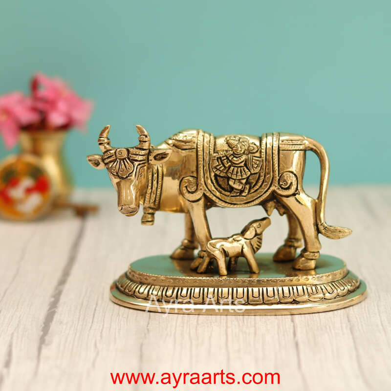 Brass Krishna Engraved Cow And Calf Kamdhenu - 4 Inch Height