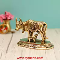 Brass Krishna Engraved Cow And Calf Kamdhenu - 4 Inch Height