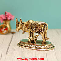 Brass Krishna Engraved Cow And Calf Kamdhenu - 4 Inch Height