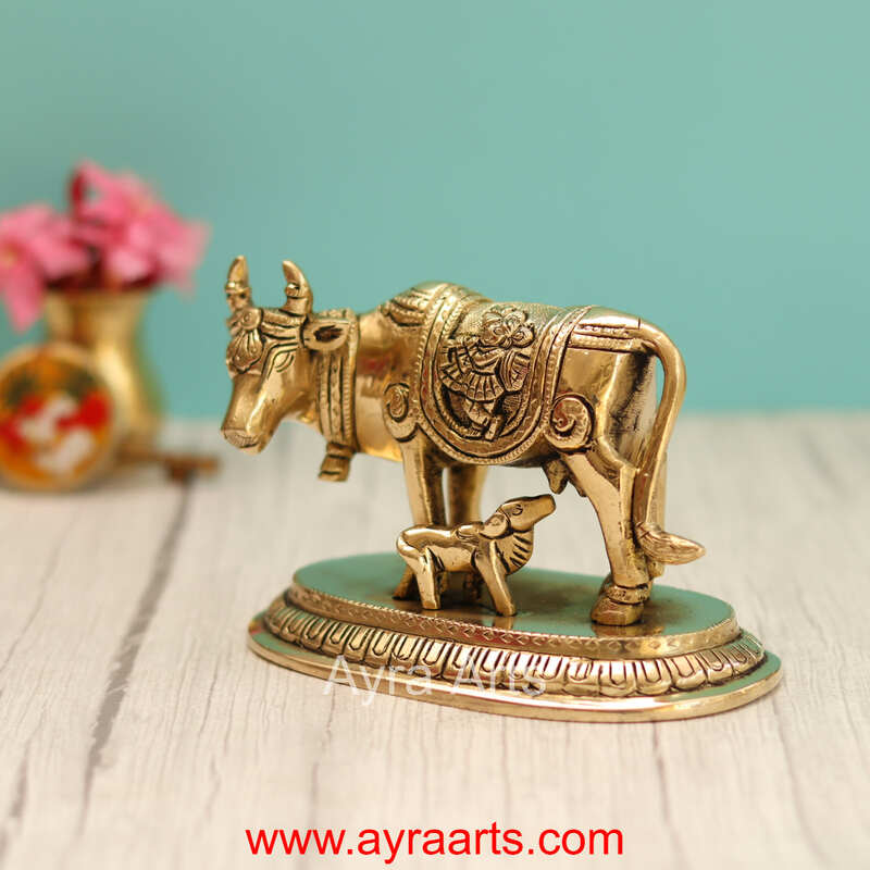 Brass Krishna Engraved Cow And Calf Kamdhenu - 4 Inch Height