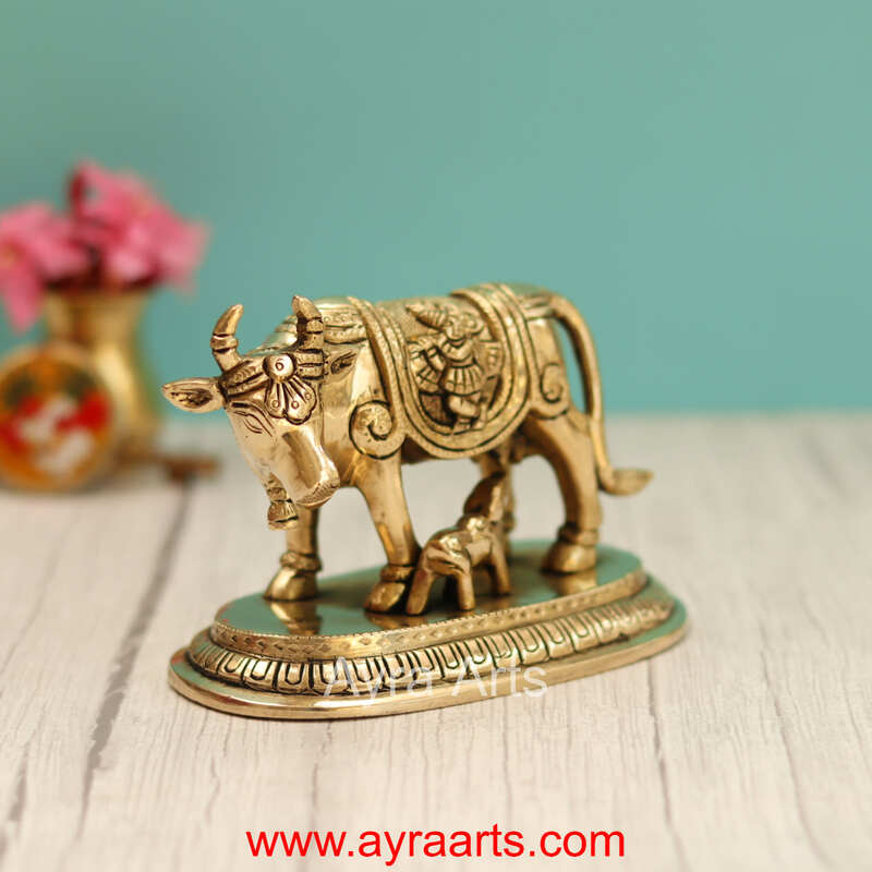 Brass Krishna Engraved Cow And Calf Kamdhenu - 4 Inch Height