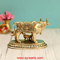 Brass Krishna Engraved Cow And Calf Kamdhenu - 4 Inch Height
