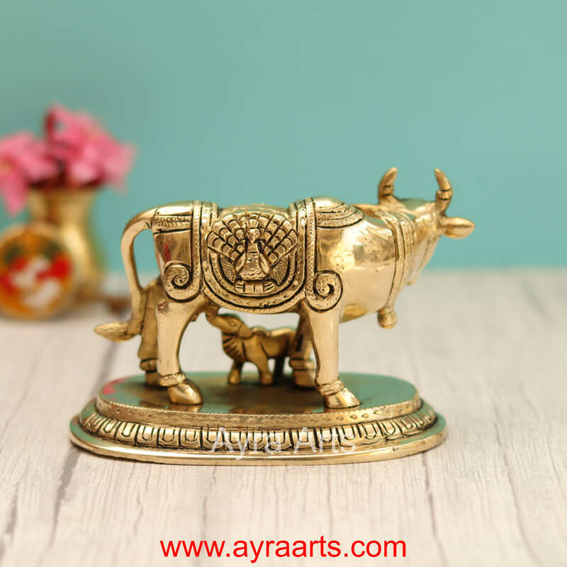 Brass Krishna Engraved Cow And Calf Kamdhenu - 4 Inch Height