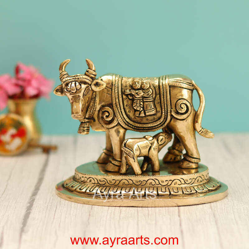 Brass Radha Krishna Engraved Cow And Calf Kamdhenu - 5 Inch Height