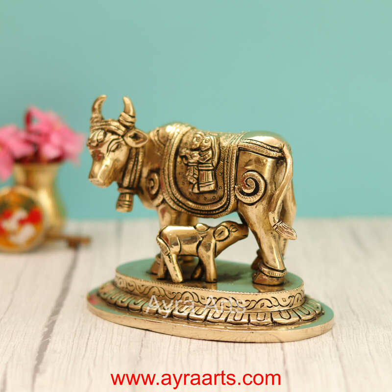 Brass Radha Krishna Engraved Cow And Calf Kamdhenu - 5 Inch Height
