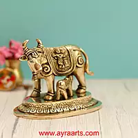 Brass Radha Krishna Engraved Cow And Calf Kamdhenu - 5 Inch Height