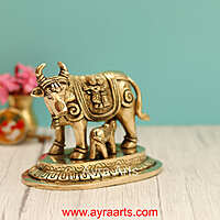 Brass Radha Krishna Engraved Cow And Calf Kamdhenu - 5 Inch Height