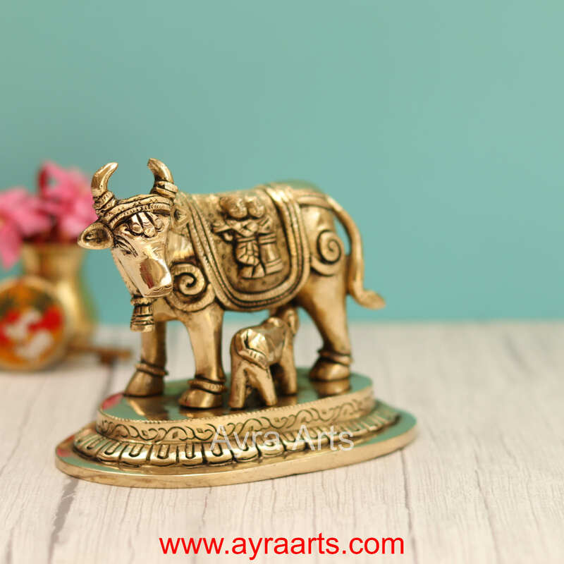 Brass Radha Krishna Engraved Cow And Calf Kamdhenu - 5 Inch Height