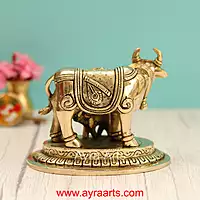Brass Radha Krishna Engraved Cow And Calf Kamdhenu - 5 Inch Height