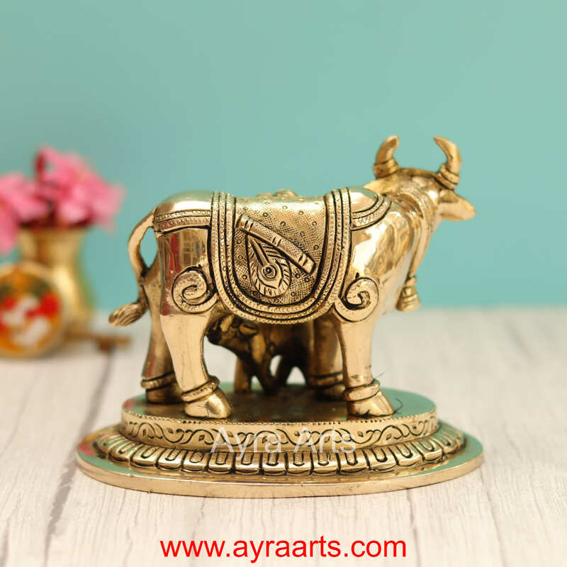 Brass Radha Krishna Engraved Cow And Calf Kamdhenu - 5 Inch Height