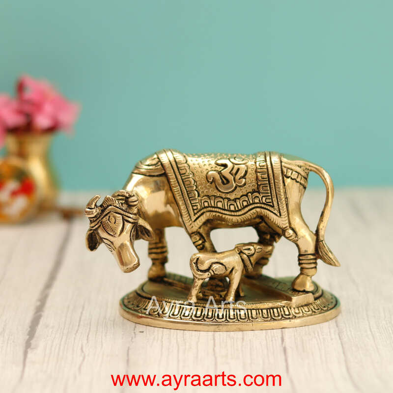 Brass Om And Swastik Engraved Cow And Calf Kamdhenu - 3.5 Inch Height