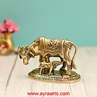 Brass Om And Swastik Engraved Cow And Calf Kamdhenu - 3.5 Inch Height