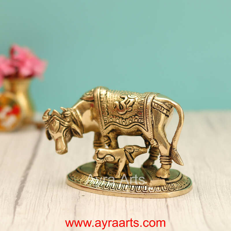 Brass Om And Swastik Engraved Cow And Calf Kamdhenu - 3.5 Inch Height