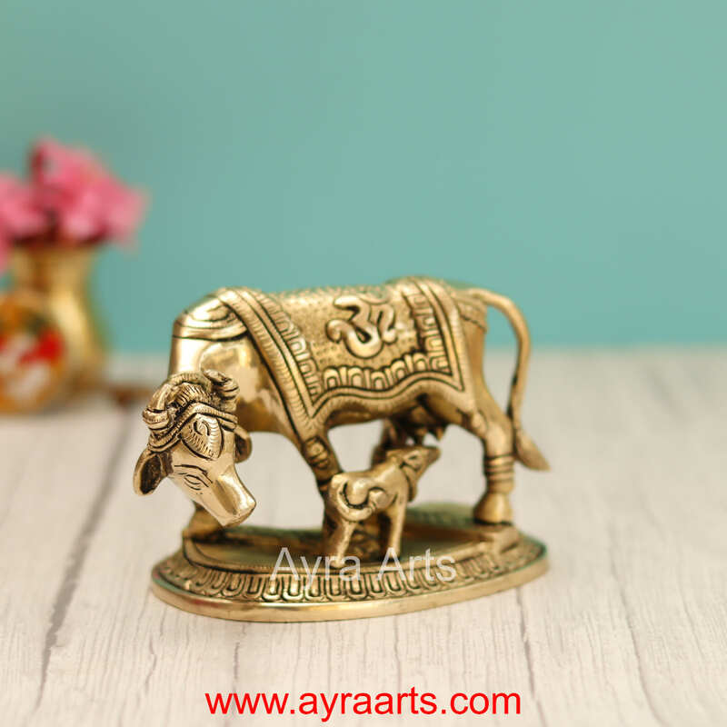 Brass Om And Swastik Engraved Cow And Calf Kamdhenu - 3.5 Inch Height