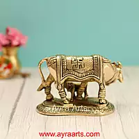 Brass Om And Swastik Engraved Cow And Calf Kamdhenu - 3.5 Inch Height