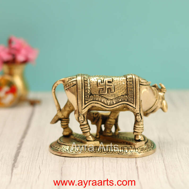 Brass Om And Swastik Engraved Cow And Calf Kamdhenu - 3.5 Inch Height
