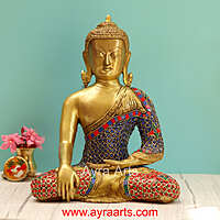Brass Buddha Idol in Stone Work - 12 Inch Height
