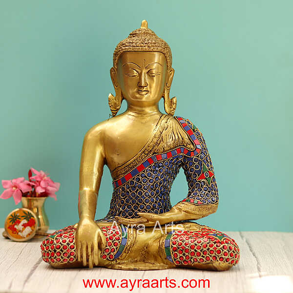 Brass Buddha Idol in Stone Work - 12 Inch Height