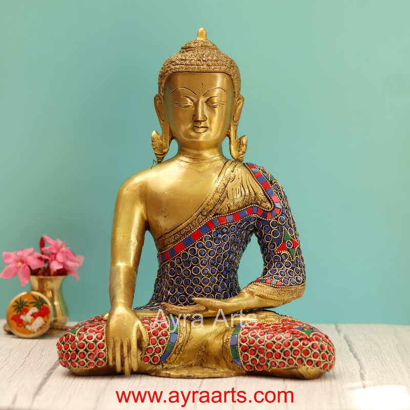Brass Buddha Idol in Stone Work - 12 Inch Height