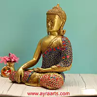 Brass Buddha Idol in Stone Work - 12 Inch Height