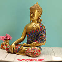 Brass Buddha Idol in Stone Work - 12 Inch Height