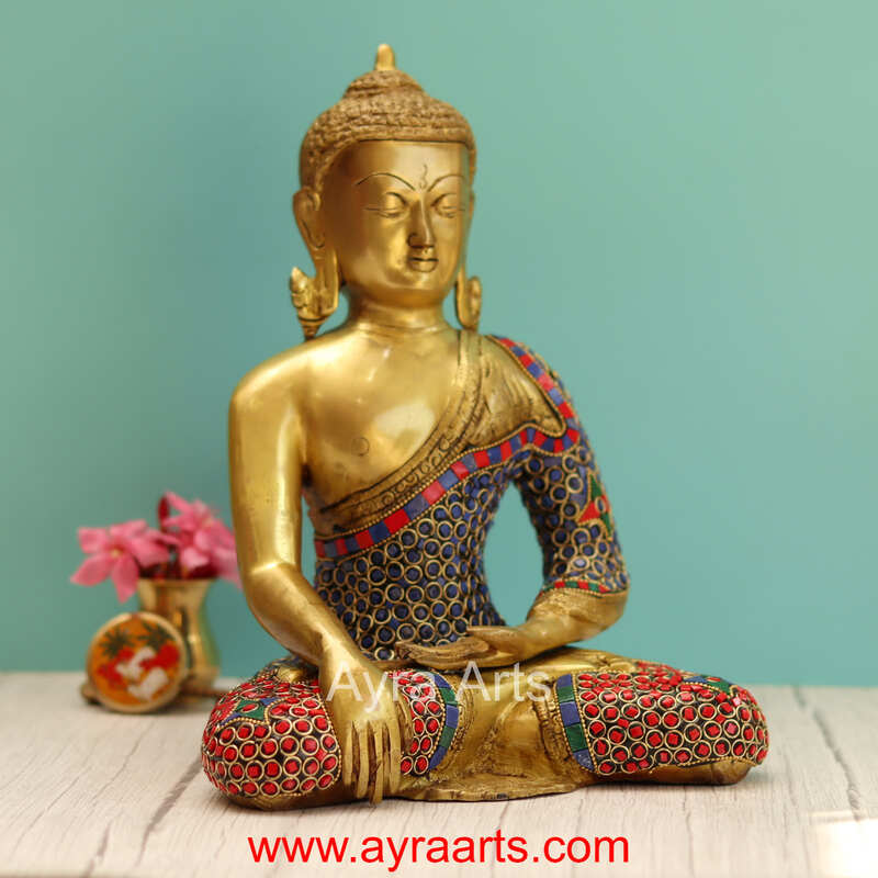 Brass Buddha Idol in Stone Work - 12 Inch Height