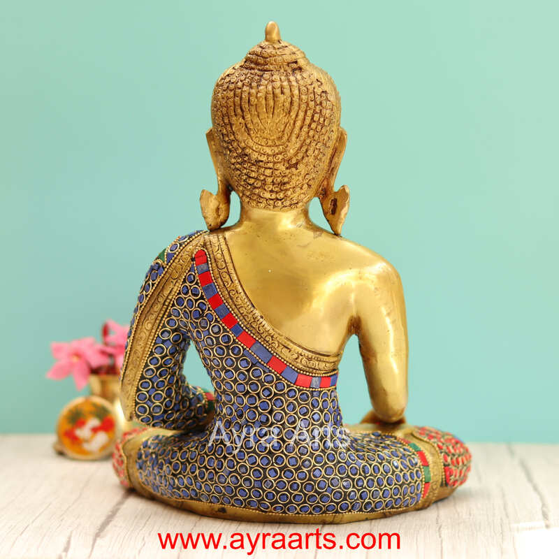 Brass Buddha Idol in Stone Work - 12 Inch Height