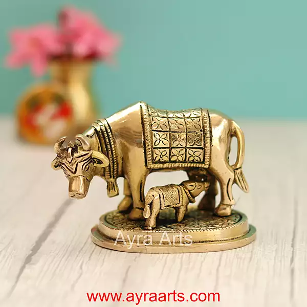 Brass Cow And Calf Kamdhenu - 2.8 Inch Height