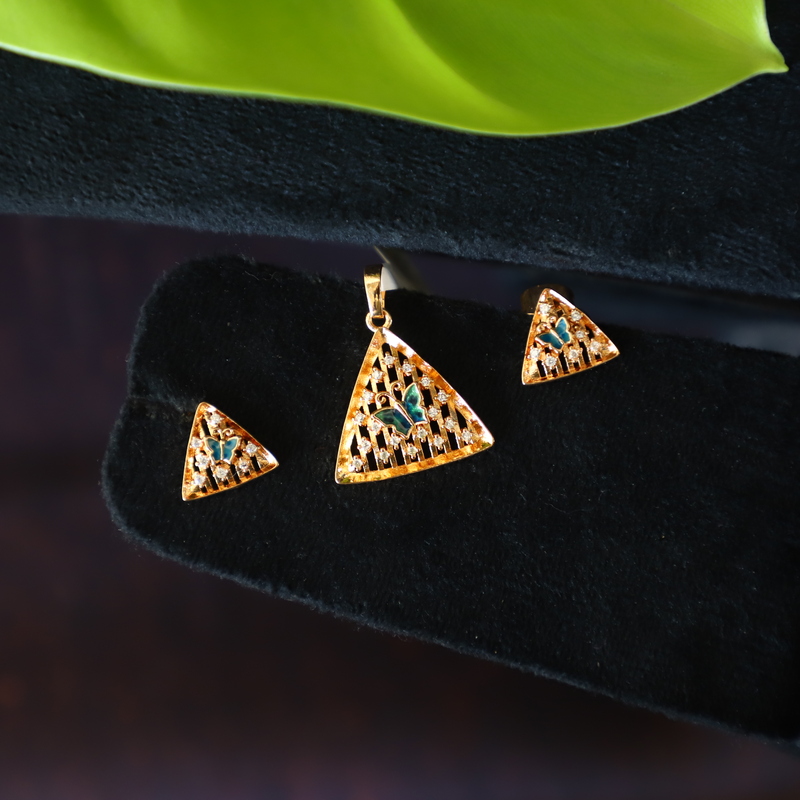 Unique triangle within butterfly with stone pendant earning set