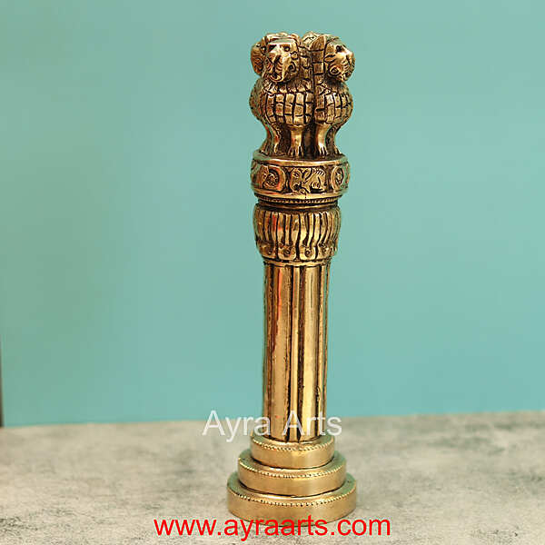 Brass Ashok Stambh Decorative Indian Emblem Pillar - 10 Inch Height