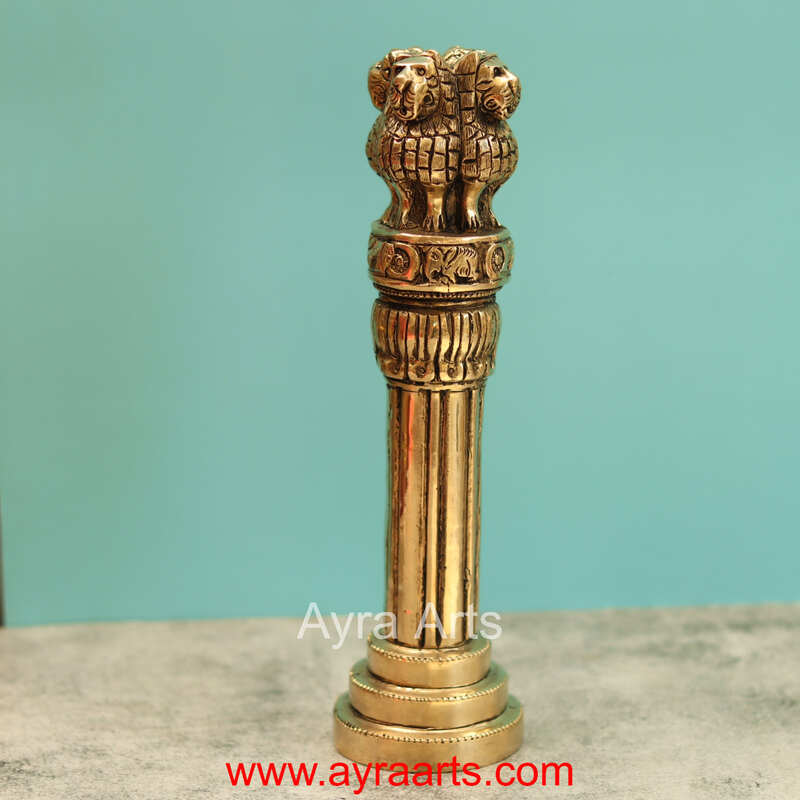 Brass Ashok Stambh Decorative Indian Emblem Pillar - 10 Inch Height