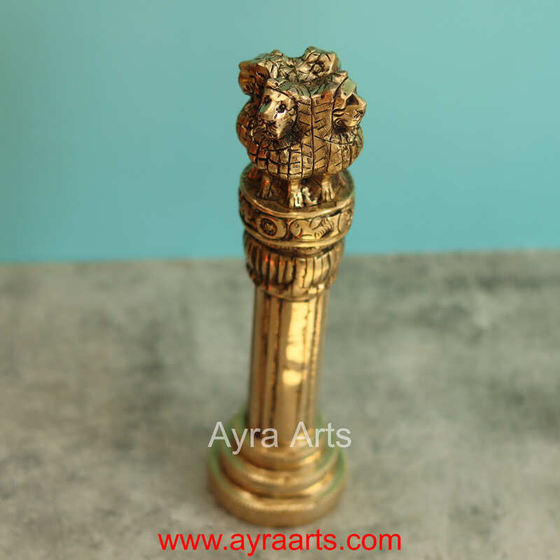 Brass Ashok Stambh Decorative Indian Emblem Pillar - 10 Inch Height