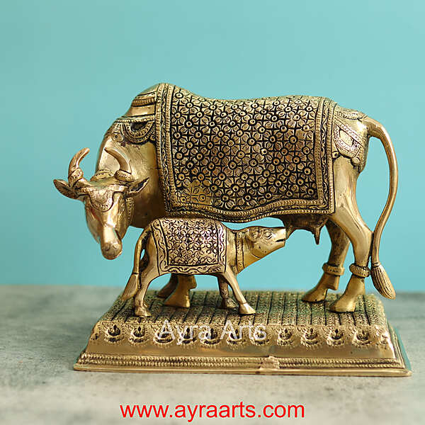 Brass Cow And Calf Kamdhenu - 8 Inch Height