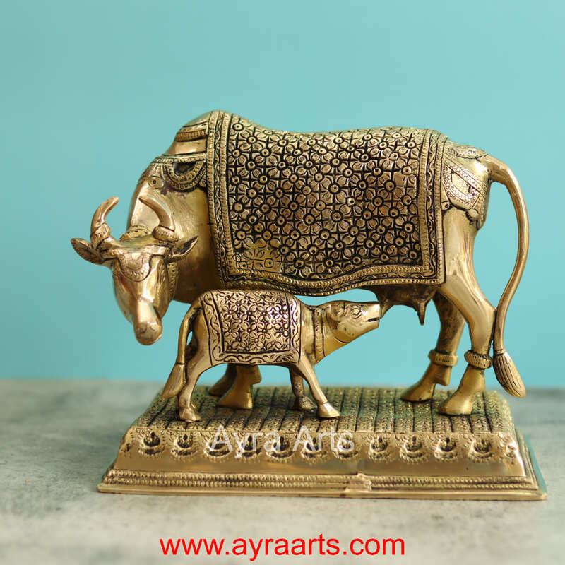 Brass Cow And Calf Kamdhenu - 8 Inch Height