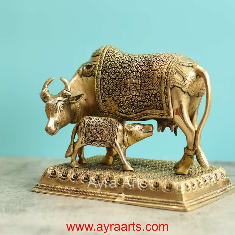 Brass Cow And Calf Kamdhenu - 8 Inch Height