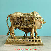 Brass Cow And Calf Kamdhenu - 8 Inch Height