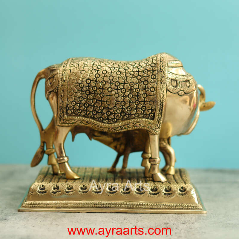 Brass Cow And Calf Kamdhenu - 8 Inch Height