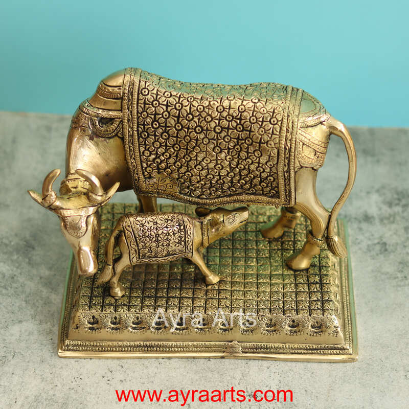 Brass Cow And Calf Kamdhenu - 8 Inch Height