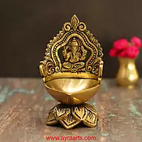 Brass Ganesh Lotus Shaped Wick Lamp for Home Puja and Decor - 6 Inch Height