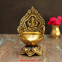 Brass Ganesh Lotus Shaped Wick Lamp for Home Puja and Decor - 6 Inch Height