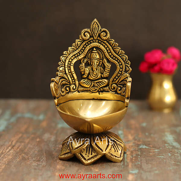 Brass Ganesh Lotus Shaped Wick Lamp for Home Puja and Decor - 6 Inch Height