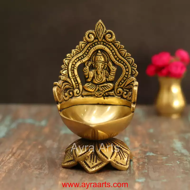 Brass Ganesh Lotus Shaped Wick Lamp for Home Puja and Decor - 6 Inch Height