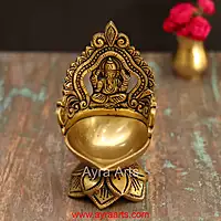 Brass Ganesh Lotus Shaped Wick Lamp for Home Puja and Decor - 6 Inch Height