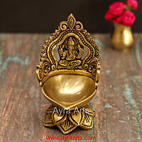 Brass Ganesh Lotus Shaped Wick Lamp for Home Puja and Decor - 6 Inch Height