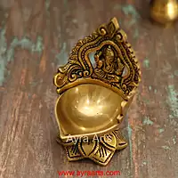 Brass Ganesh Lotus Shaped Wick Lamp for Home Puja and Decor - 6 Inch Height