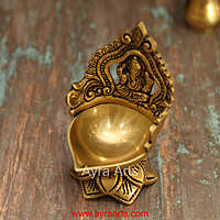 Brass Ganesh Lotus Shaped Wick Lamp for Home Puja and Decor - 6 Inch Height