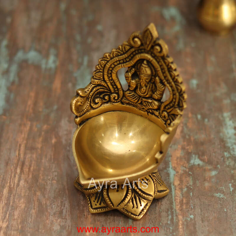Brass Ganesh Lotus Shaped Wick Lamp for Home Puja and Decor - 6 Inch Height